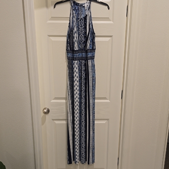 London Times Navy and White Patterned Maxi Dress - Picture 2 of 4